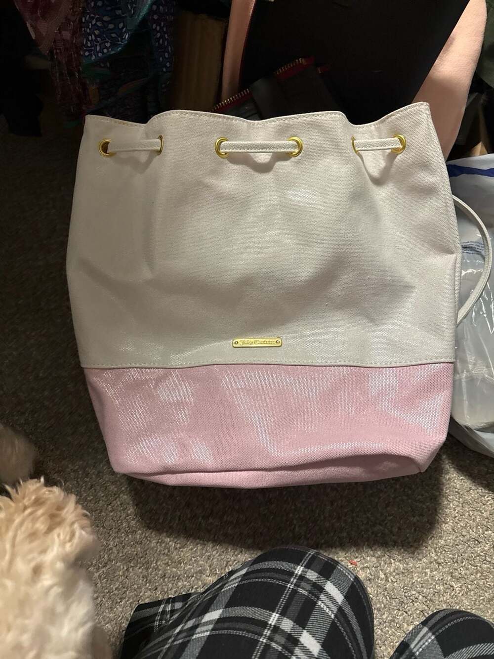 Juicy Couture Limited Edition Drawstring Canvas Backpack Bucket Bag Pink & White